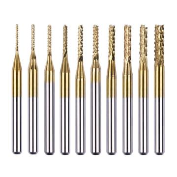 10-delige set carbide titanium-gecoate PCB-freesnijders (0,5-3,175 mm) met 3,175 mm schacht voor PCB-houtbewerkingsgravuremachine