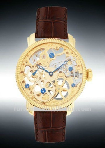 New Men's Brown Leather Luxury Skeleton Hand-Wind Up Mechanical Watch