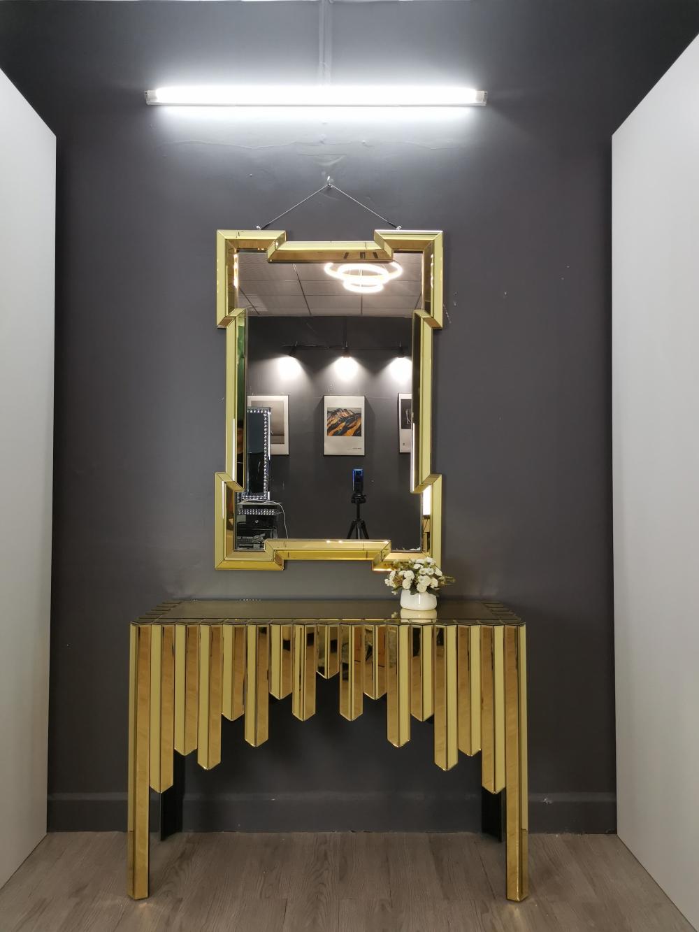 Mesa de consola de espejo de vidrio de metal dorado