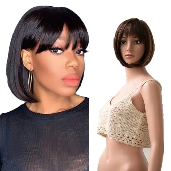 High Quality Ombre Ash Brown Color Machine Made Short Bob Wigs With Bangs For Women Daily Use Heat Resistant Synthetic Wig