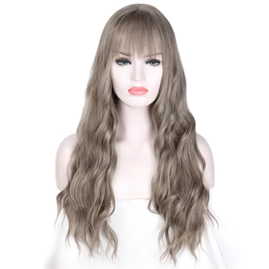 Vigorous Synthetic Long Gray Wigs with Bangs Water Wave Heat Resistant Black Brown Pink Purple Cosplay Wigs for Women