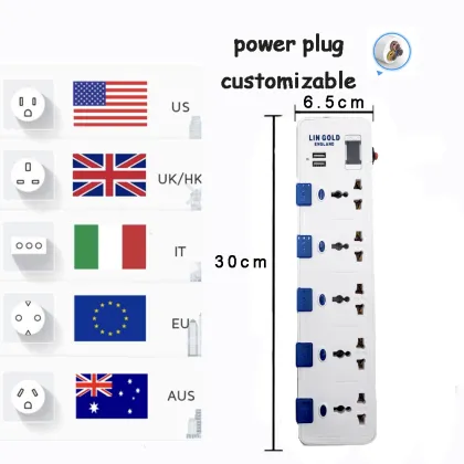 13A 220V Electrical Multi Socket Switch with Copper Plugs, Sockets, and USB Ports