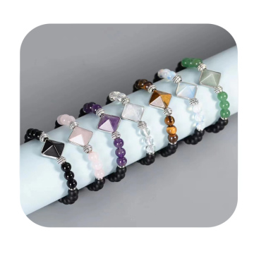 Natural Stone Matte Onyx with Crystal Pyramid 7 Chakra Bracelet