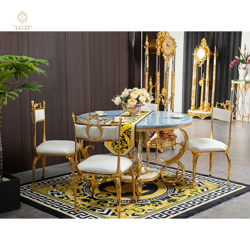 Custom Designed Luxury 4 Seater Round Marble and Gold Dining Table with Chairs