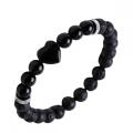 Natural Black Lava Stone Heart with 8MM Round Gemstone Stretch Elastic Bracelet for Men Women Crystal Round Beads Bracelet