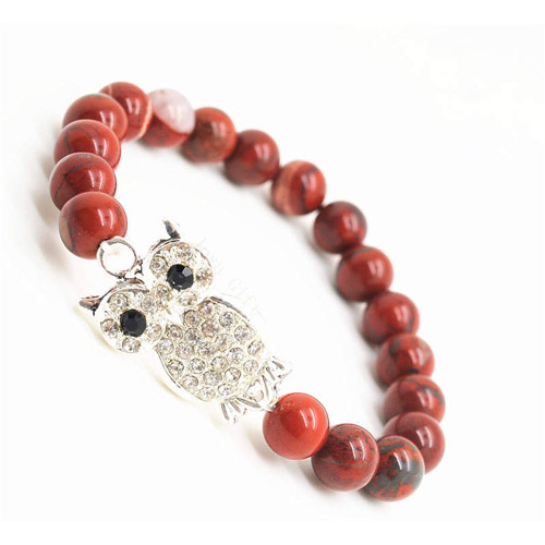 Red Jasper 8MM Round Beads Stretch Gemstone Bracelet with Diamante alloy Owl Piece