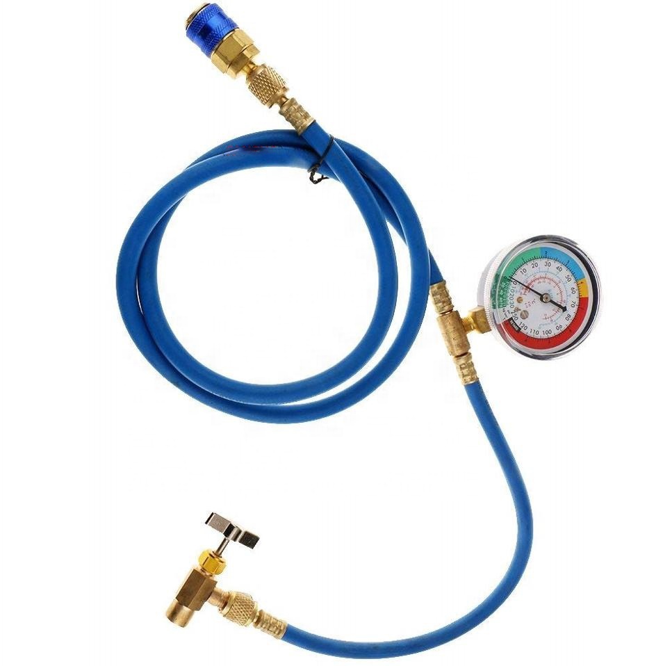 Car Refrigerant Charging Hose Kit with Gauge Self-sealing Can Tap Valve Charge R134A R22 R290 A/C AC Recharge