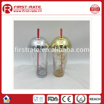 Promotion custom logo double layer plastic cup/plastic auto mug with straw