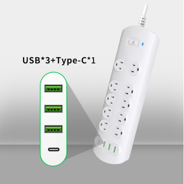 USA Standard 10 Outlet Electrical Extension Lead with Surge Protector and 4 Port USB Power Strip