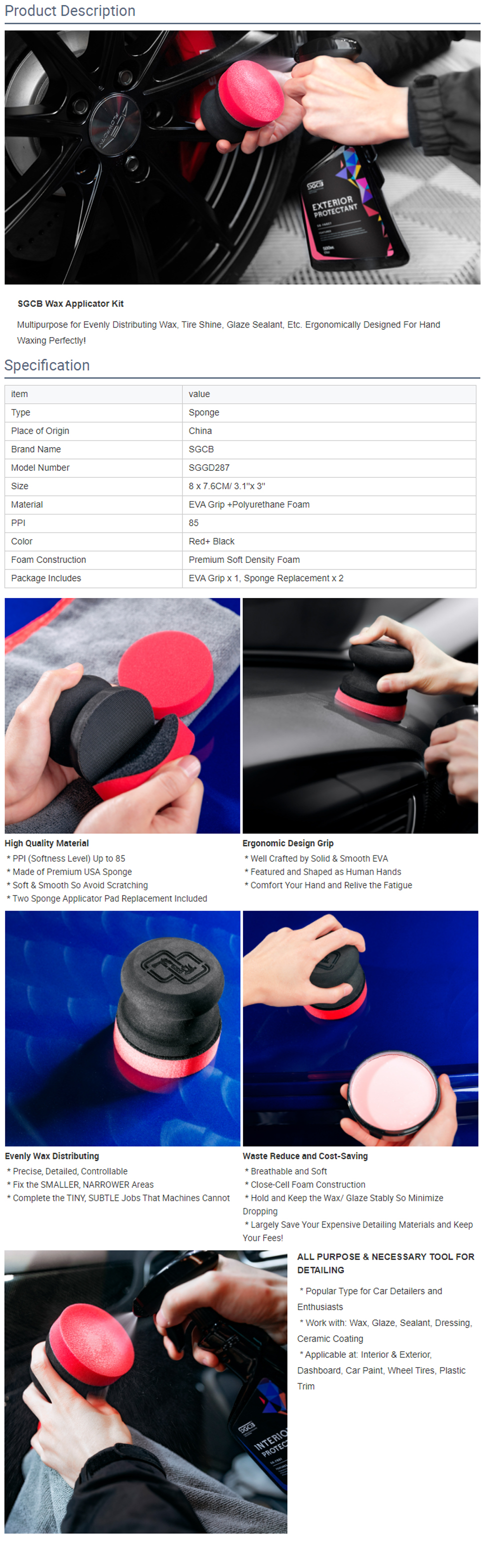SGCB Car Hand Wax Applicator Pad Kit, 3” Dia Sponge Tire Dressing