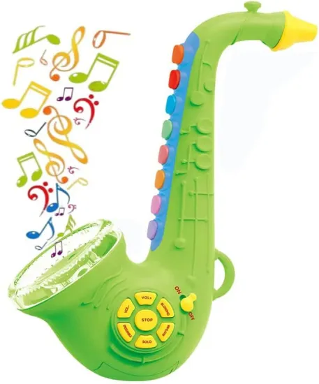Kids Musical Instruments Set: Saxophone, Toy Trumpet, Clarinet, and Saxaboom with Light Music for Early Education - Green