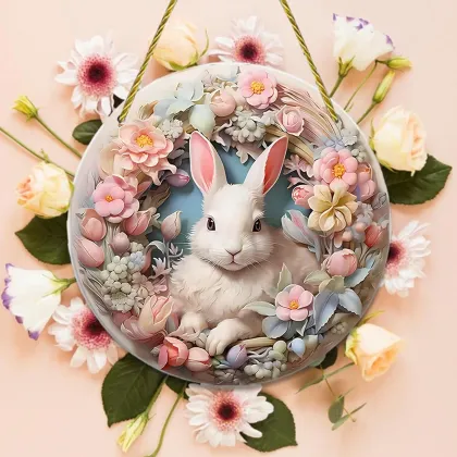 Floral Wreath White Rabbit Acrylic Suncatcher