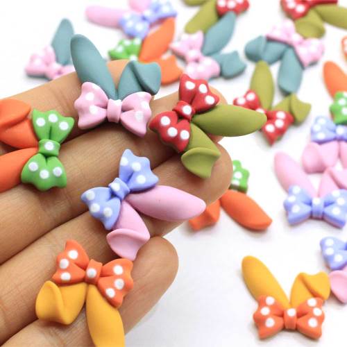 23*24MM 100Pcs Resin Flatback Bunny Ear Cabochons Kawaii Resin Rabbit Bunny Ear With Polka Dot Bow Jewelry Making DIY