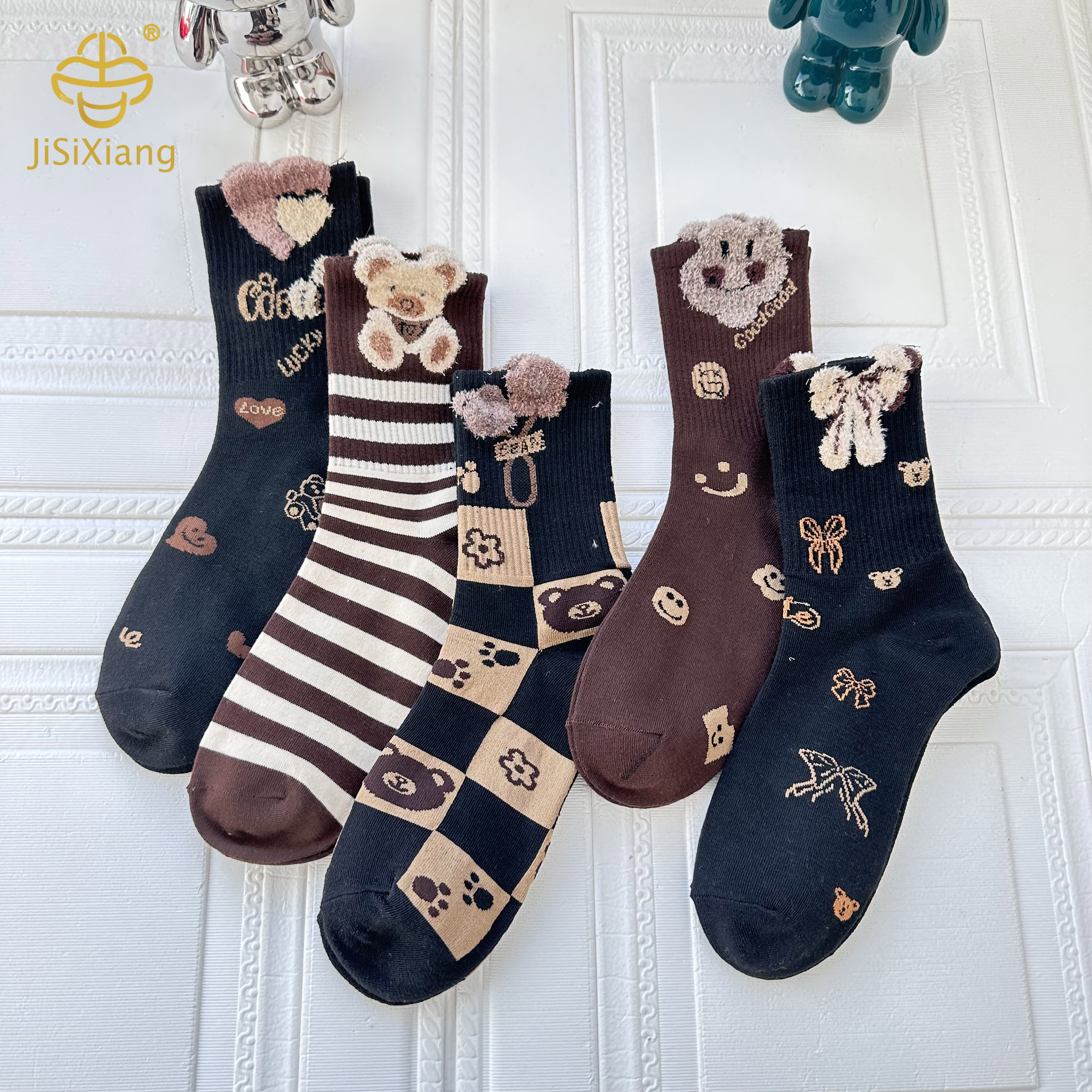 Korean version cartoon 3D teddy bear mid tube socks