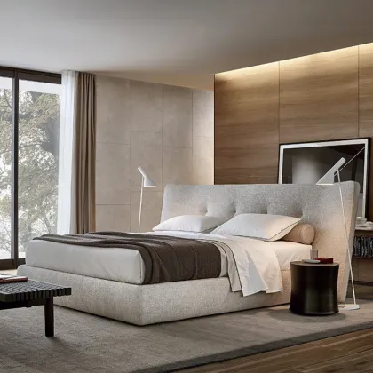 Italian Poliform Spongde Fabric and Leather Double Bed for Large Apartment or Villa Master Bedroom