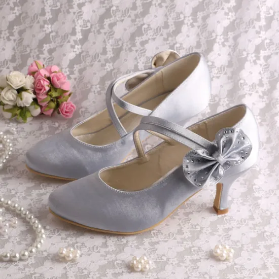 Mary Jane Silver Wedding Heels with Bows