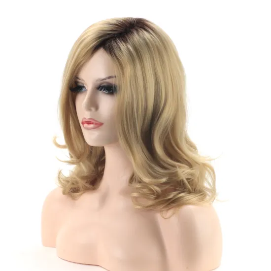 Aishili  Wholesale golden Mixed blone Long Wave Curly Hair Dark brown roots fiber Wigs Synthetic Hair wig for women