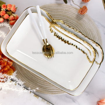Exquisite Golden Feather Rim Porcelain Rectangular 14 Inch Party Plates - Large Ceramic Dinner Plate Sets