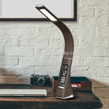 LED 3-Level Dimmable Cool White LED Desk Lamp with Touch, Date, Temperature, & Alarm - Flexible Top- Business Brown
