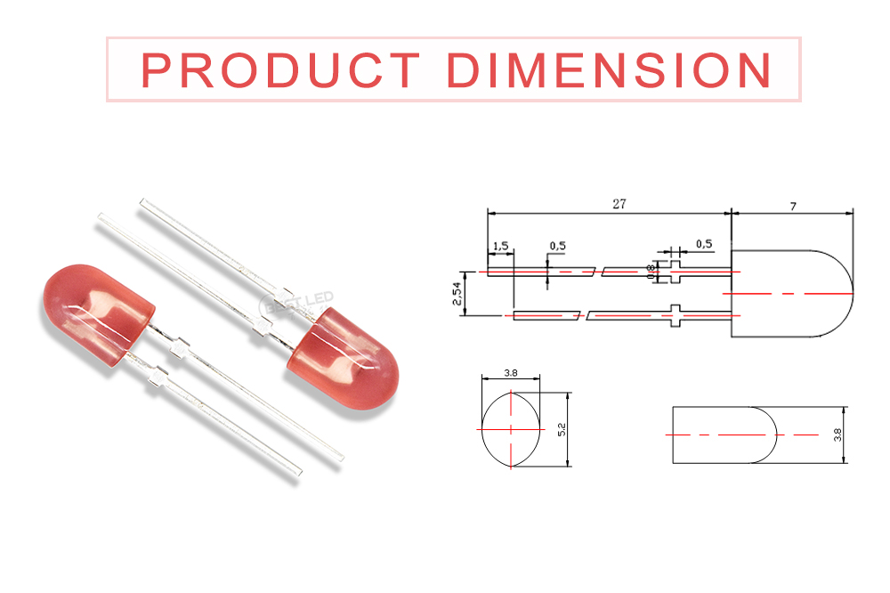 Size of 546ERD62D3L14K 5mm Oval LED red LED Lamps with stopper pins red diffused lens