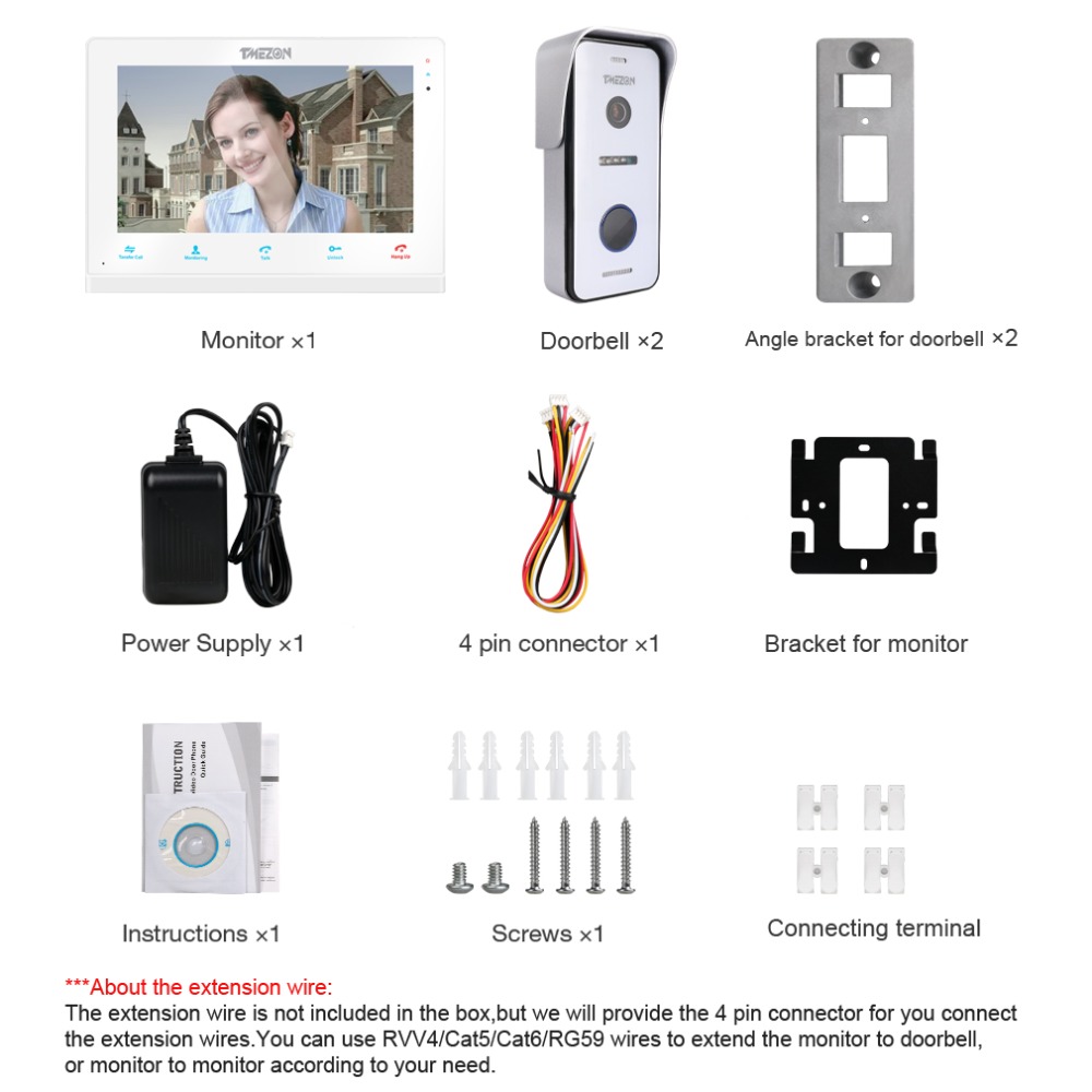 TMEZON 10 Inch Wireless/Wifi Smart IP Video Doorbell Intercom System ,1xTouch Screen Monitor with 2x720P Wired Door Phone Camera