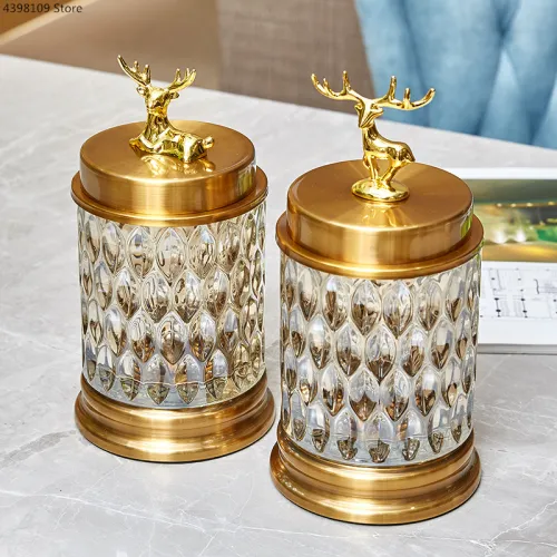 Nordic Metal Deer Head Glass Jar Home Decoration Storage Bottle Embossed Crystal Glass Candy Jar