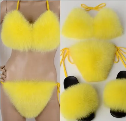 Women Real Fox Fur Bikini Bra and Fox Fur Slides Summer Beach Underwear Fluffy Soft Bikini