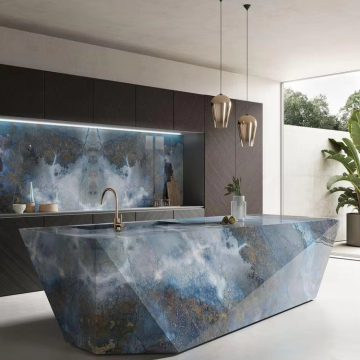 Luxury Kitchen with Marble Countertop, Custom Cabinets, and Wooden Island