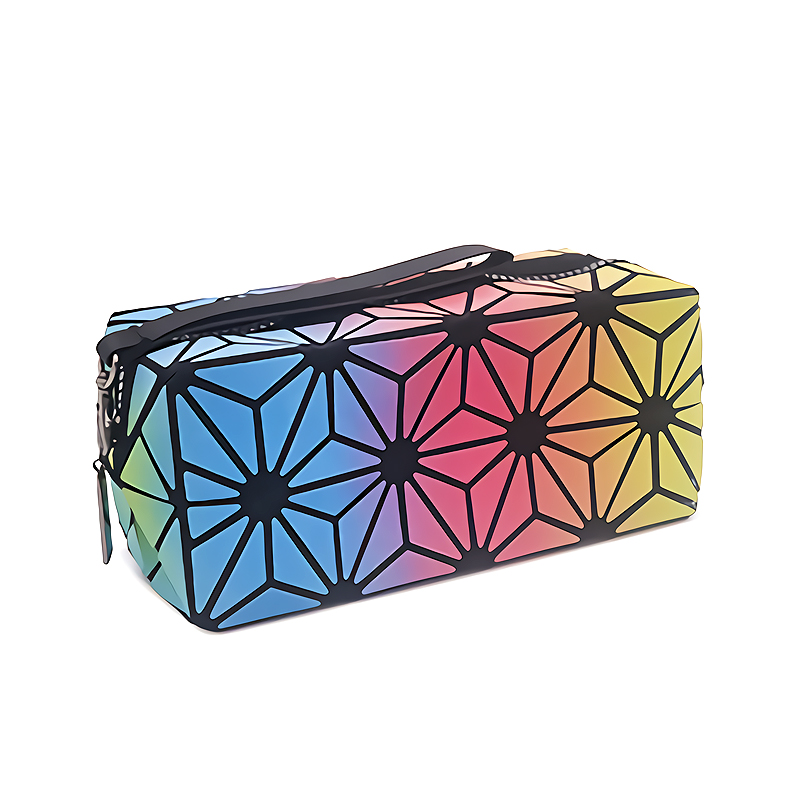 High quality bulk custom logo rainbow color PU geometric travel cosmetic bag for makeup