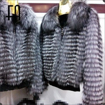 Factory directly wholesale price fox fur stripe jacket/leather and fur jacket/fur jacket