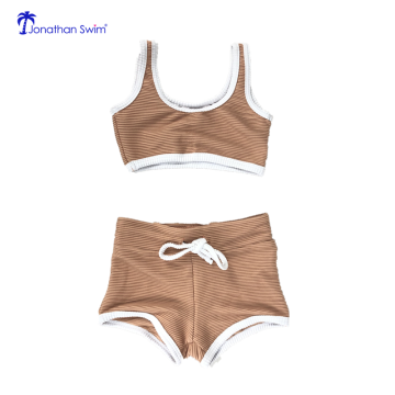 OEM Two-Piece Cute Ribbed Fabric Baby Bathing Suit for Kids Swimwear