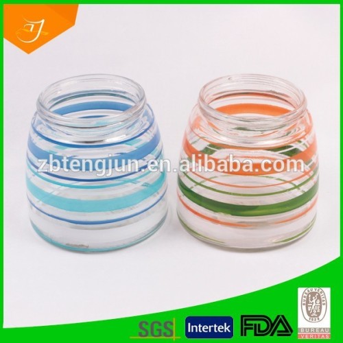 colored stripe storage jar, glass jar with big bottom, handmade glass storage jar