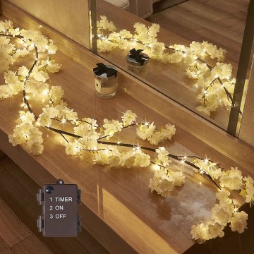 6FT Battery Operated Cherry Blossom Garland with 96LED Fairy Lights and Timer