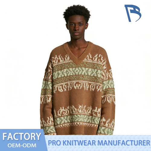 Áo len dệt kim Jacquard sọc cổ chữ V Forest Fair Isle