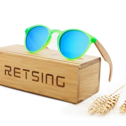 Kids Wood Polarized Round Sunglasses with Mirror Lenses