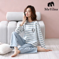 Kadın Mavi Çizgili Pamuklu Loungewear Takımı