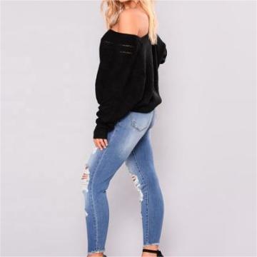 Stretchy Destroyed Denim Pants: Women's Black Boyfriend Ripped Skinny Jeans