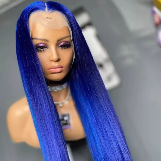 Colourful glueless virgin cuticle aligned lace frontal wigs wholesale 13x6 human hair hd lace front wigs brazilian hair blue wig