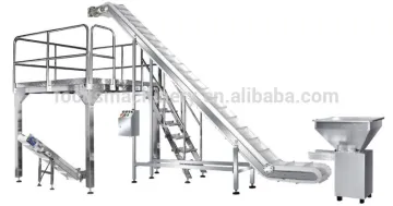 inclined belt conveyor with working platform and finished product conveyor for conveyor system