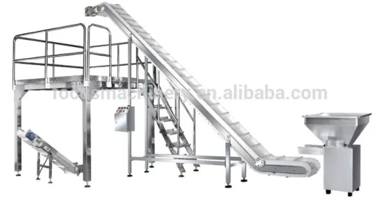 inclined belt conveyor with working platform and finished product conveyor for conveyor system