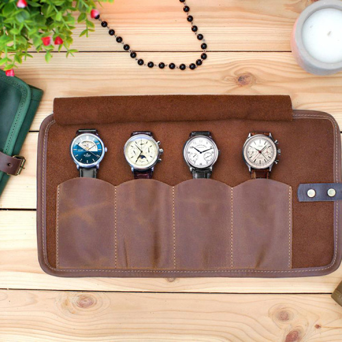 Handmade travel portable leather watch roll pouch bag