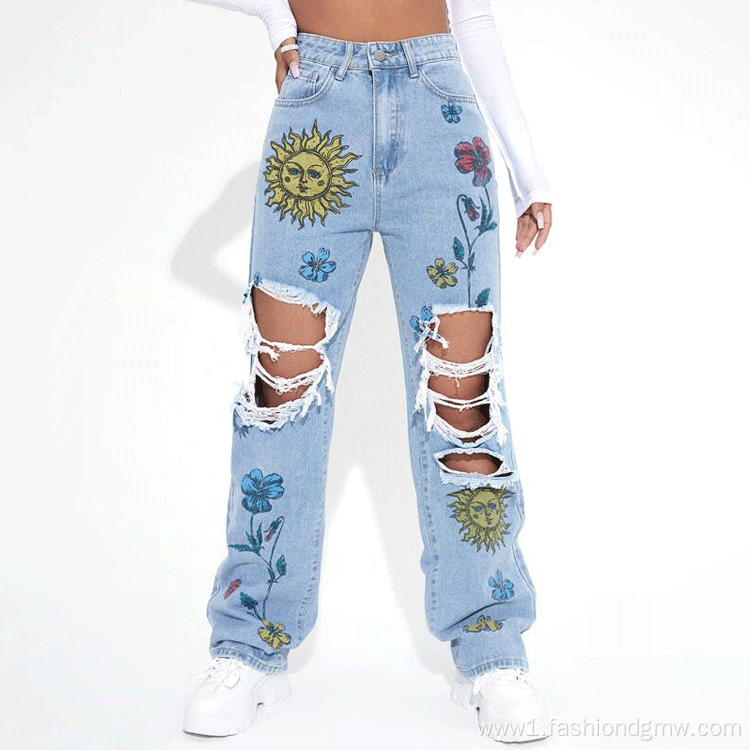 Casual Printed Ripped Plus Size Women Jeans