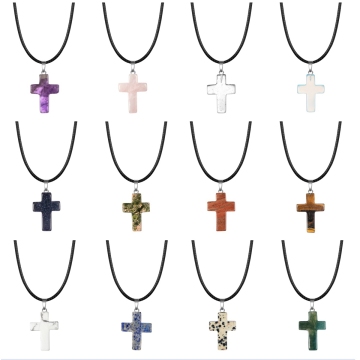 Natural Stone Cross Pendant Charm Necklace 18x25MM Crystal Stone Cross Pendant Choker Necklace with Black Cord 45CM
