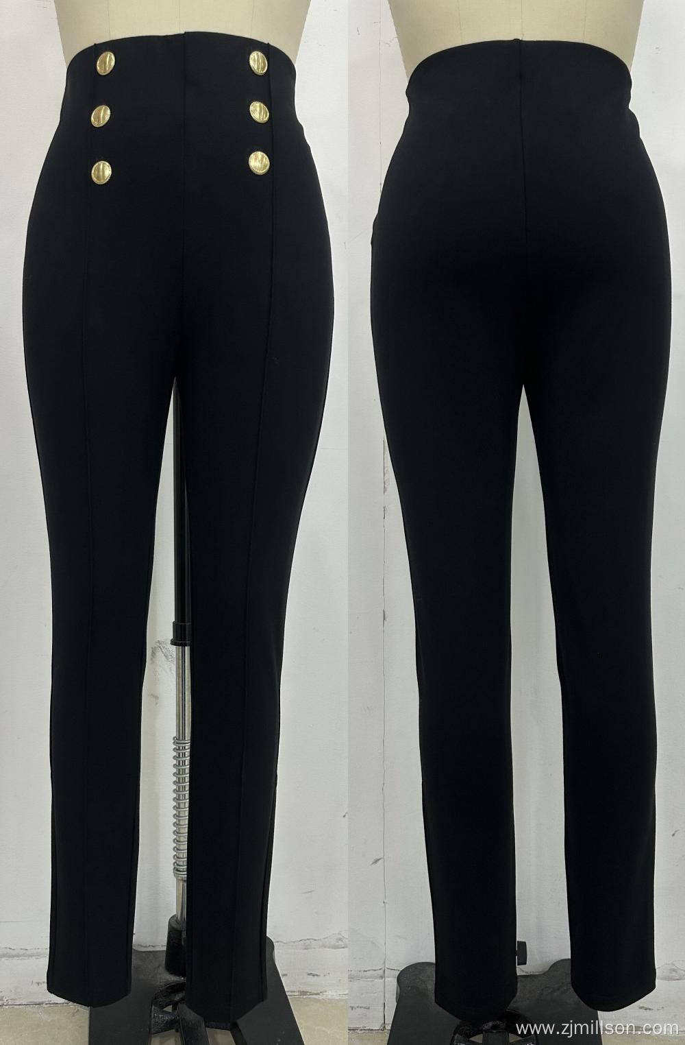 Front Button Decoration High Waisted Women's Tight Pants