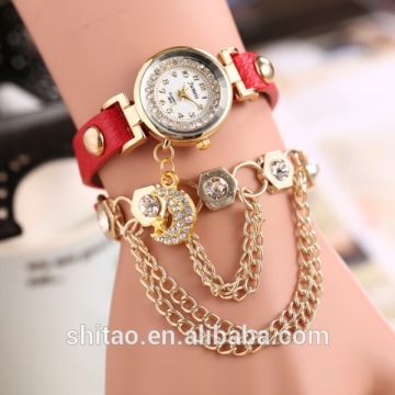 2014 New style leather bracelet watch,gold chain bracelet watch