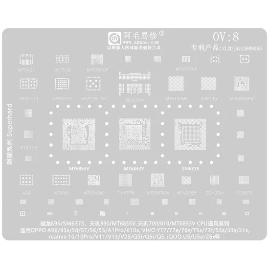 Tin Mesh BGA Reballing Stencil for OPPO A96/A93s/A58/A55/A1 Pro/K10x/Y77/73t/31s/55s/33s/Realme 10 Pro by Amaoe Steel Plantation