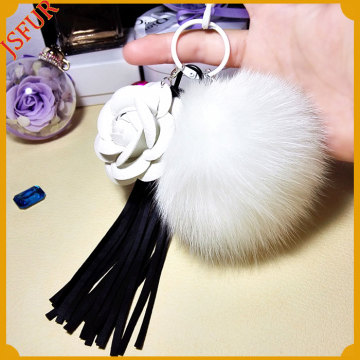 Genuine Fur Accessory With Flower Fox Fur Pompom Keychain