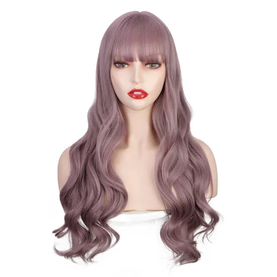 Vigorous Women's Purple Curly Long Wavy Wigs with Air Bangs Middle Part Synthetic Cosplay Wig for Girl Costume Wigs