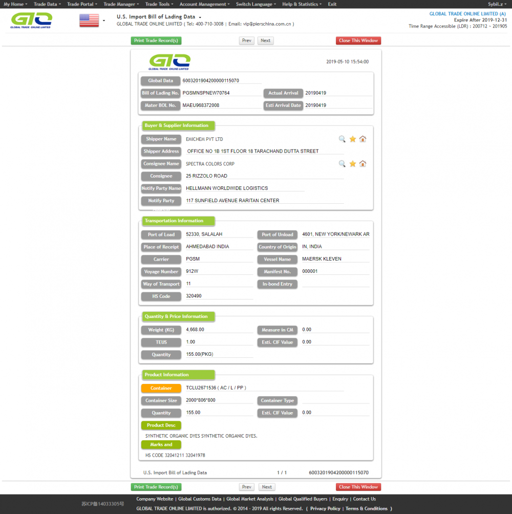 VS Kleurstoffen Product import Customs-gegevens