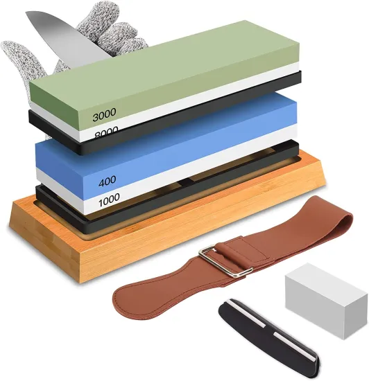 Professional 4-Side Grit Knife Sharpening Stone Set: 3000/8000, Bamboo Base, Flatting Stone, Angle Guide, and Leather Strop Kit
